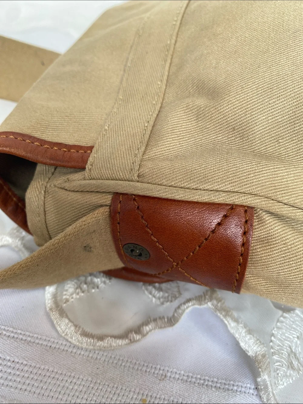 Vintage Giordano Canvas Messenger Bag with Brown Leather Trim - Beige